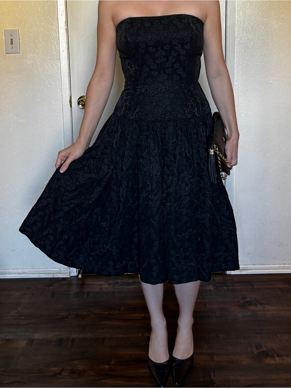 Vintage Strapless Black Lace Tea-Length Fit-and-Flare Dress